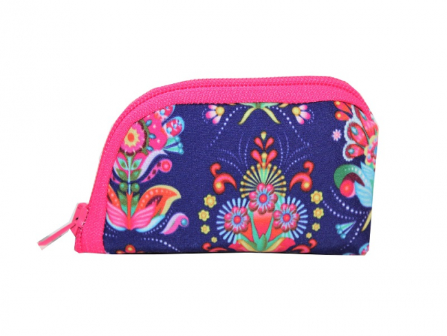 Pumpentasche, bunte Blumen, pinker Reißverschluss